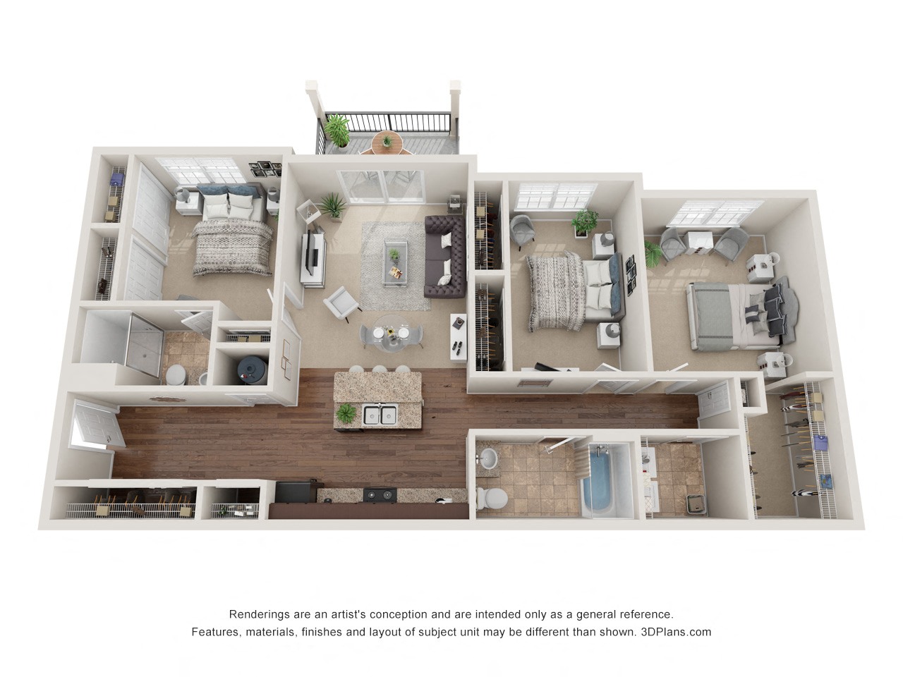 Floor plan for 3 beds, 2 baths, 1245 sqft